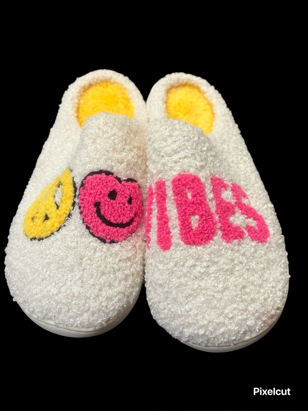 White Fuzzy Slip-On Slippers with Pink "VIBES" and Smiley Faces